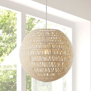Luna 15.75" Bohemian Modern Woven Rattan/Iron LED Pendant - JONATHAN Y